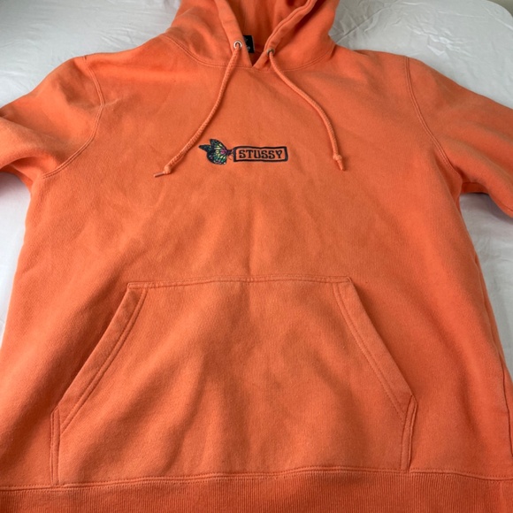 Stussy Men’s Pullover Orange Hoodie Sweatshirt w/ Embroidered Butterfly - Picture 5 of 12